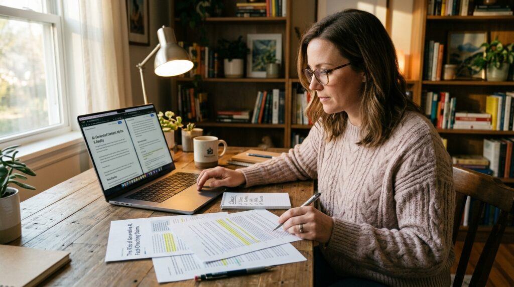 Blogger fact-checking AI-assisted content beside a laptop before publishing