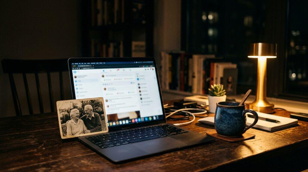 Cinematic view of a cozy desk with a laptop showing a social media feed and an old printed photograph leaning against the screen