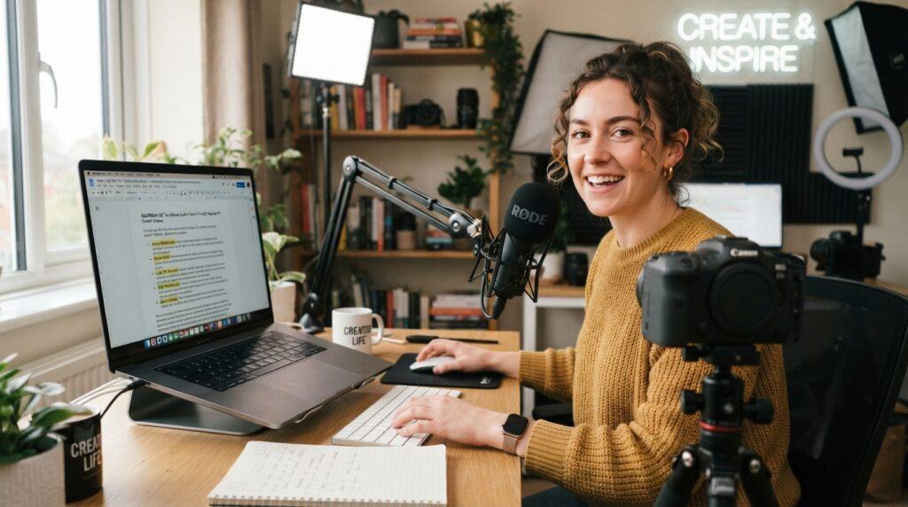 Artist working in a studio while photographing artwork for social media