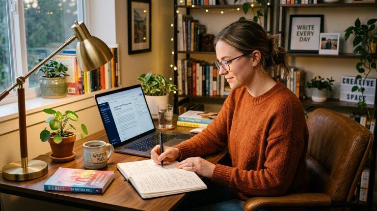 Content creator using a laptop and notebook to write AI-assisted blog content in a cozy home office