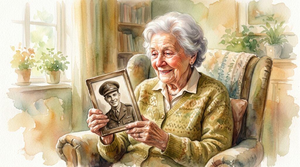 Watercolor painting of an elderly woman joyfully holding a restored photograph of a young man in military uniform