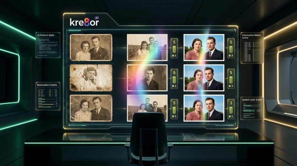 Futuristic holographic display showing multiple restored photographs in a grid with earnings indicators, representing an AI photo restoration business