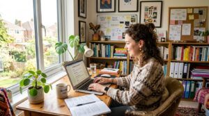 Person working on a laptop in a bright home office building a personalized online business plan