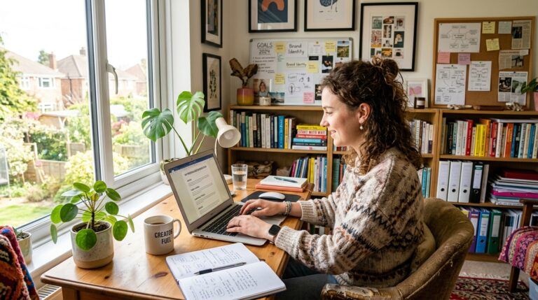 Person working on a laptop in a bright home office building a personalized online business plan