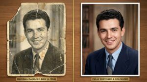 Before and after comparison of a damaged 1950s black and white photograph restored to full color and clarity using AI photo restoration