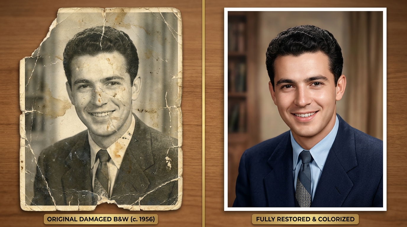 Before and after comparison of a damaged 1950s black and white photograph restored to full color and clarity using AI photo restoration