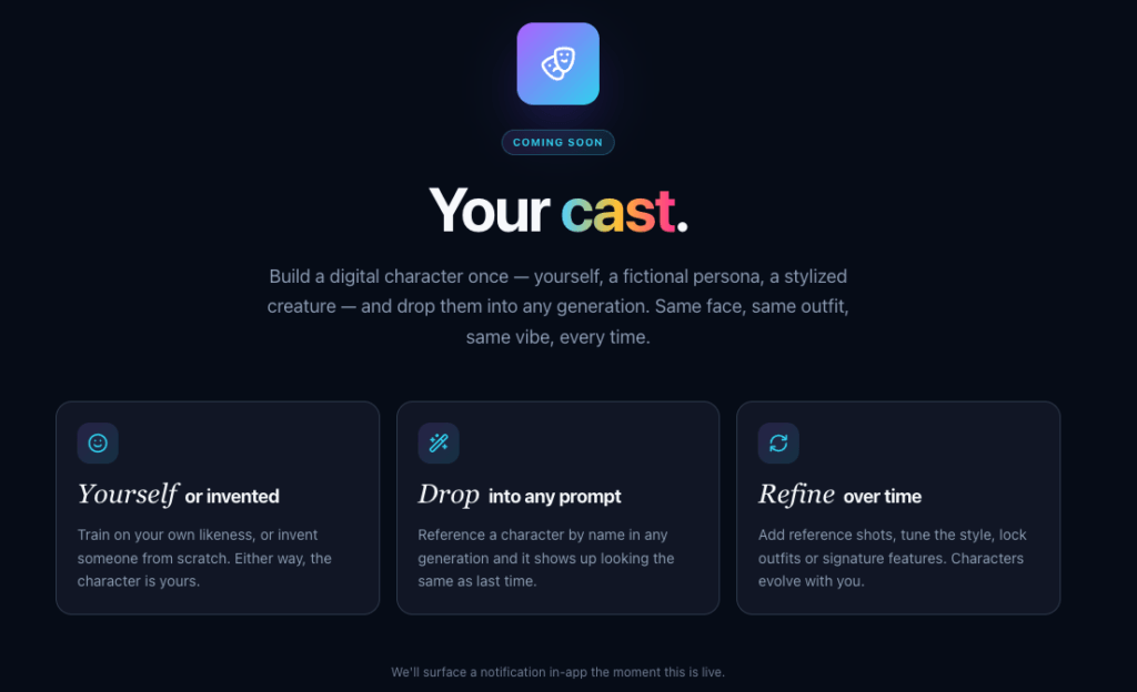 Kre8or AI Your cast coming soon page showing the upcoming Characters feature for reusable consistent AI characters