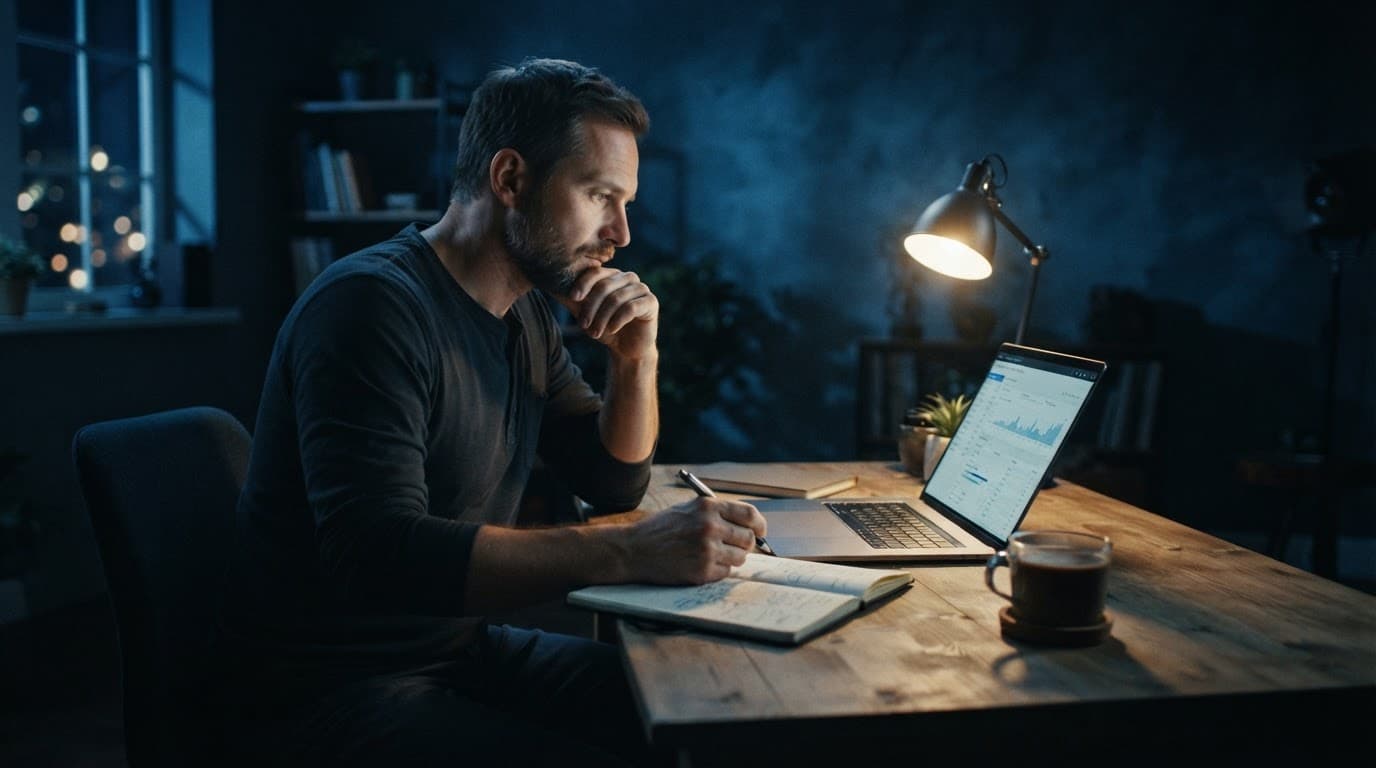 Website owner reviews analytics on a laptop beside a notebook and coffee.