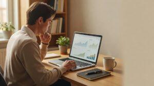 A website owner checks abstract audit panels on a laptop beside notes and coffee.