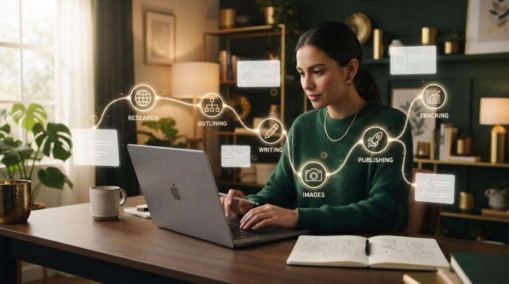 Blogger reviewing an AI agent content workflow on a laptop