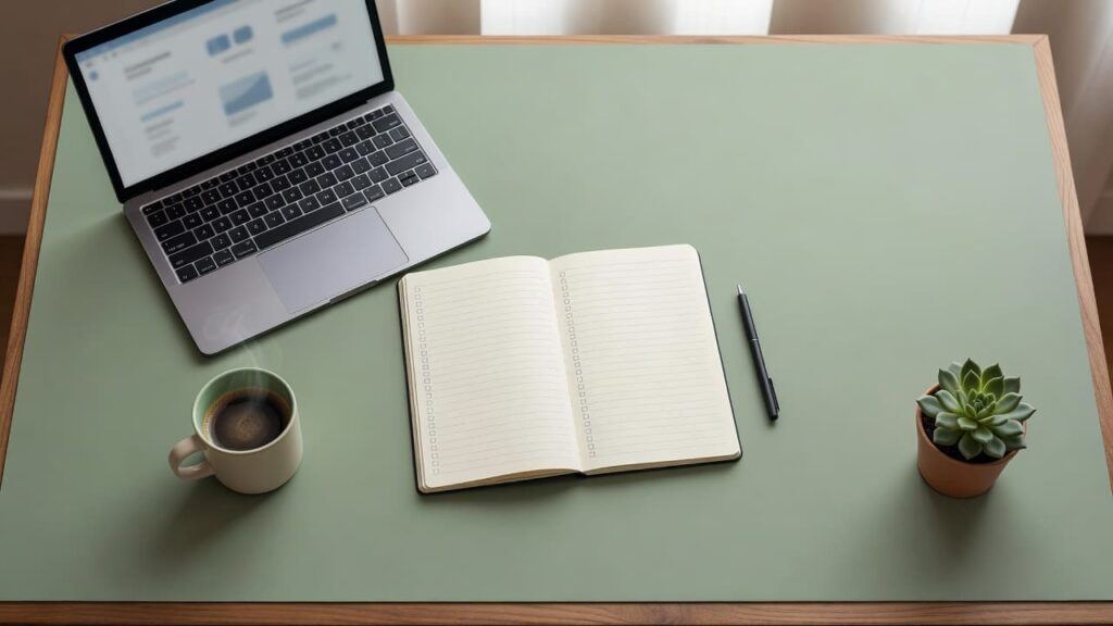 Laptop and notebook on a desk prepared for planning an AI writing brief