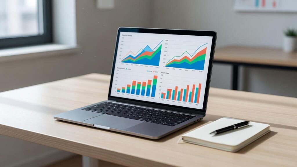 Laptop displaying colorful analytics charts on a wooden desk beside a notebook and pen, representing the process of auditing and refreshing old affiliate blog content.