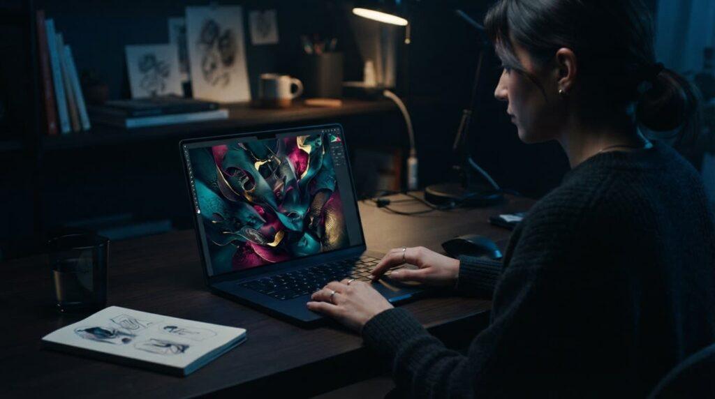 A person with relaxed hands beside one laptop displaying abstract art in blue light.