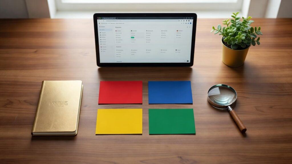 A desk calendar, laptop, notes, coffee, and plant in a calm home office.