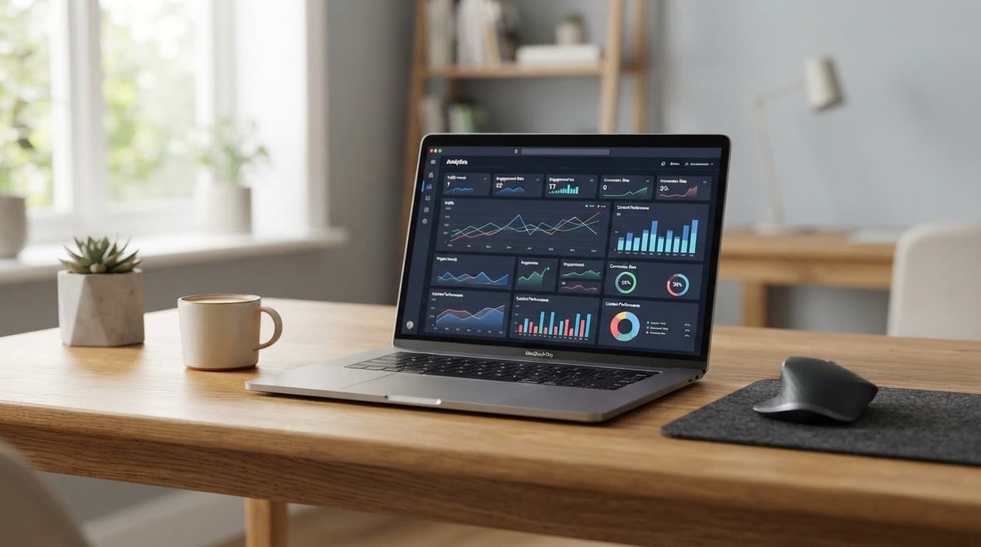 A laptop with analytics charts on a clean wooden office desk.