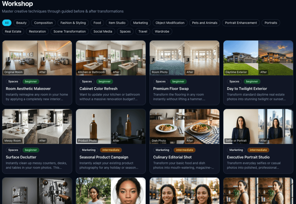 Dashboard view of Kre8or.ai Workshop modules featuring step-by-step image transformation tutorials across various categories such as Spaces, Marketing, and Portraits.