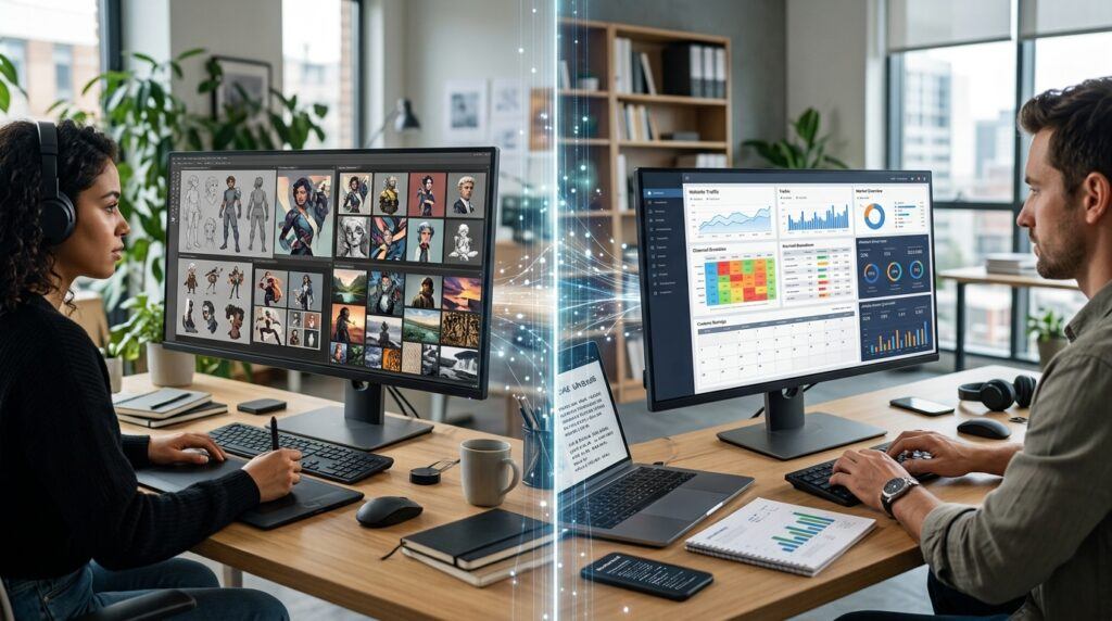Split-screen comparison showing AI visual creation and online business tools as separate functions