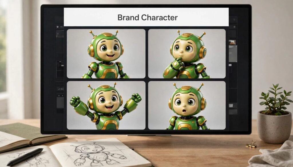 Desktop monitor showing four consistent green and gold robot mascot designs in a detailed character workspace