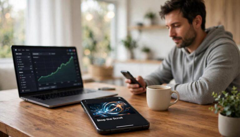 Content creator at a home office desk using a smartphone with an X-style post and a laptop showing a rising green analytics chart
