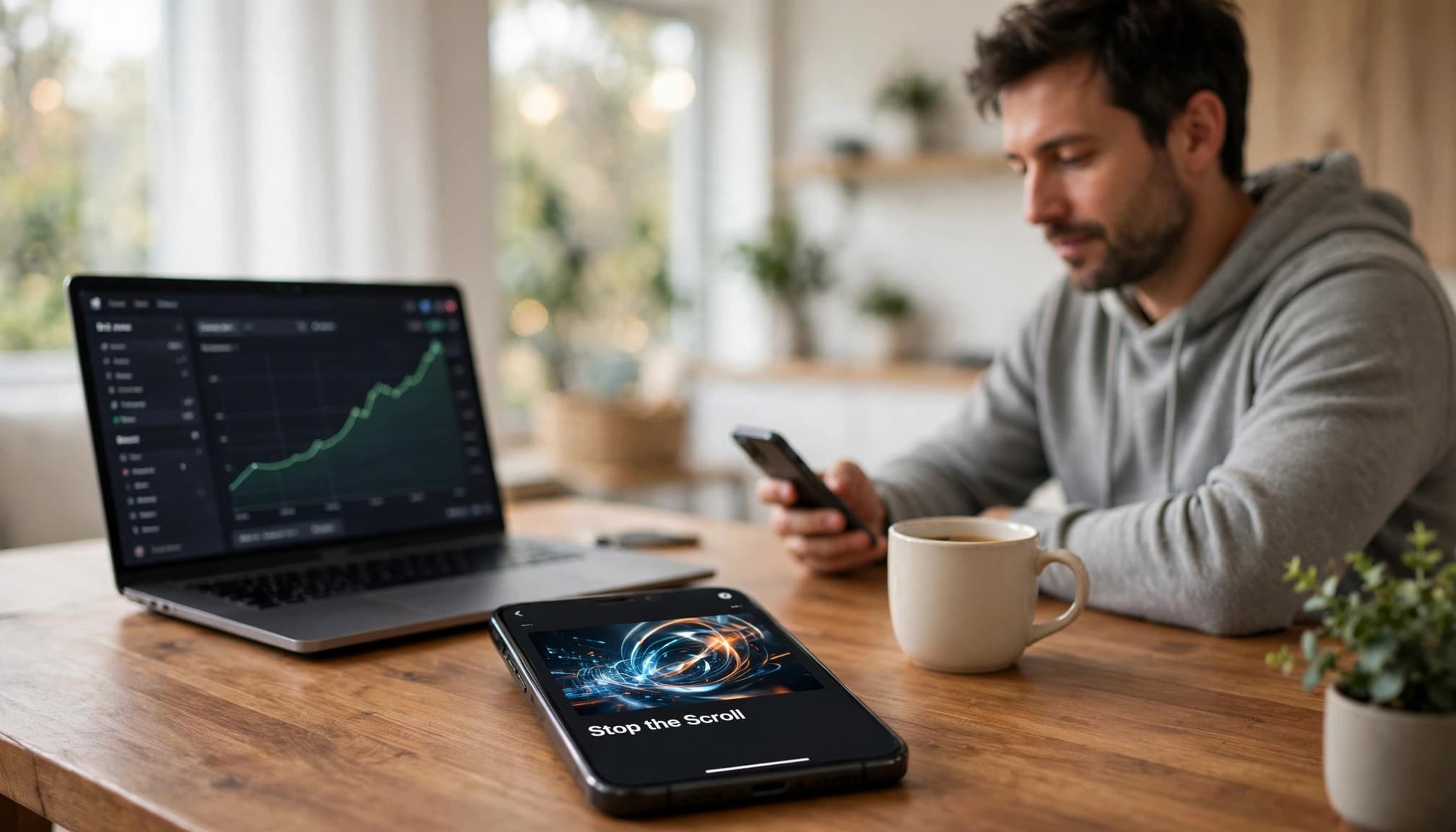 Content creator at a home office desk using a smartphone with an X-style post and a laptop showing a rising green analytics chart