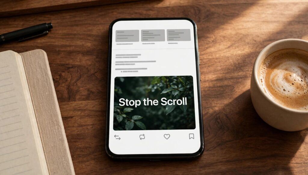 Smartphone on a wooden desk showing a bold visual post standing out in a detailed X-style feed of text-only updates