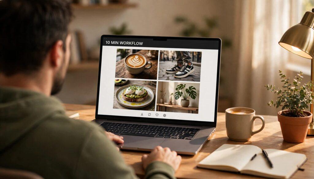 Content creator at a home office desk viewing a detailed AI image-generation workspace with four social visual concepts on a laptop
